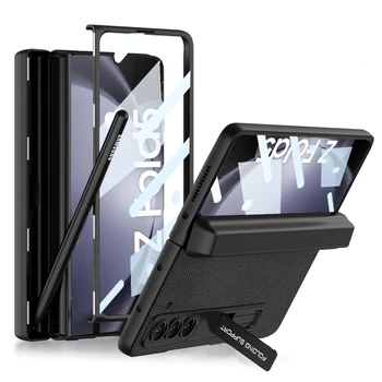 За Samsung Galaxy Z Fold 5 Калъф Fold5 С Магнитна Линия Слот За Писалка в Кожена Твърда Кутията на PC Поставка За Краката Със Стъклена Обвивка