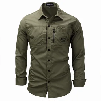 Модерна риза в стил милитари с дълъг ръкав, Ежедневни ризи с множество джобове, Марка дрехи, Армейски зелен Camisa Masculina