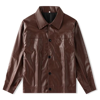 Японски Стил, кафяв, черен, 2023, Пролетно-есенна яке от изкуствена кожа, мъжки Градинска облекло-бомбер, размер Оверсайз 3XL