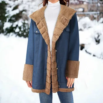 Дамско палто, обикновена палто със средна дължина на руното облицовки, Топло зимно палто, Връхни дрехи с ревера и дълъг ръкав, Яке Дамски 2023