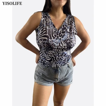 Дамски Блузи на бретелях YISOLIFE Y2k, Летни Меки и бързо съхнещи Свободни блузи без ръкави с V-образно деколте, Риза с леопардовым принтом и ивици