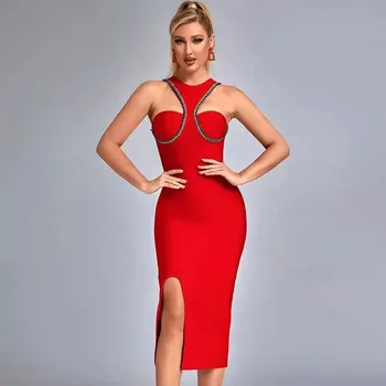 MULONG, червено бельо Секси вечерна рокля без ръкави, с кръгло деколте, Елегантен директни рокли за бала на едро