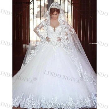 LINDO NOIVA Vestido 2023 Изискани Сватбени Рокли С Кружевными Апликации и Дълги Ръкави, Луксозна Сватбена Бална Рокля на Принцеса сватбена рокля