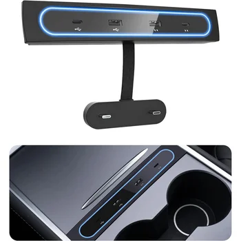За USB-зарядно устройство с много портове за Tesla Model 3/Y 2021 2022 Аксесоари USB хъб със синя led подсветка, адаптер централната конзола