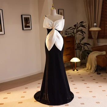 Вечерна рокля без ръкави с лък под формата на Русалка с едно рамо, Елегантна рокля дантела с дължина до пода от черен велур, нови вечерни рокли за жени B2807