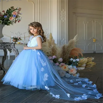 Рокля с цветя модел за момичета, Тюлевое дантелено Принцеса рокля за момиче, без ръкави Рокля за Първо причастие, Детско облекло за рожден Ден, Детско рокля