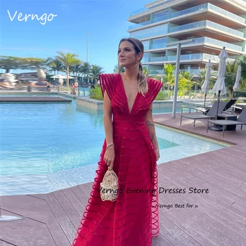 Verngo Червени вечерни рокли за бала трапецовидна форма, в райе, с V-образно деколте, къси ръкави, Арабски Дамски официални рокли, Роклята за бала, Vestidos