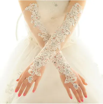 Нови Дълги Дантелени Вечерни ръкавици без пръсти, бели Сватбени ръкавици за младоженци с кристали, в присъствието на Сватбени Аксесоари, вечерни ръкавици