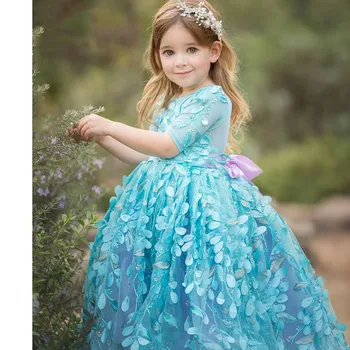 Синя Бална рокля с дантелен аппликацией, Рокля с цветя модел за момичета, Детски Принцеса Рокля с къс ръкав с Дължина до пода, Сватбени Рокли с бродерия на Рожден Ден и на Бала
