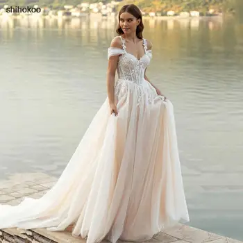 Сватбени рокли от Бохемски Тюл За жени 2023, Дантелени апликации от мъниста Сватбена рокля цвят Шампанско, Трапецовидна Форма С открити рамене, Градина