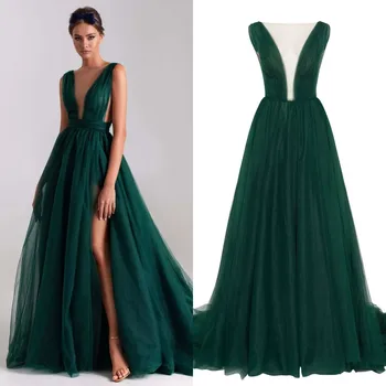 Изумрудено-зелена Елегантна Макси рокля за жените, вечерни рокли, выпускное рокля с дълбоко V-образно деколте и цепка на гърба, vestido de новия
