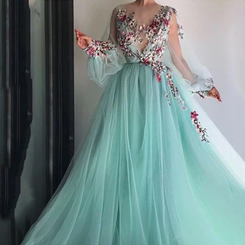 Луксозни тюлевые Прозрачни рокли за Абитуриентски бал с дълъг ръкав, украсени с 3D цветни мъниста, Елегантни дамски официални рокли Robes De Soirée