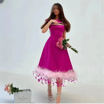AsaNagi, Сатенени рокли за абитуриентски бал, цвят фуксия, украсени с пера и пайети, Трапециевидное Елегантна вечерна рокля без ръкави, с дължина до Чаена лъжичка 2023 vestidos