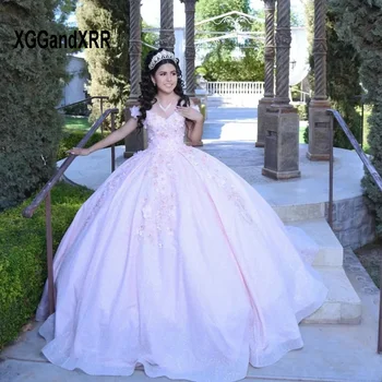 Пищни рокля с цветен модел 2023, апликация с открити рамене, Сладка Розова бална рокля на принцеса с отворен гръб, Vestidos De 15 Años