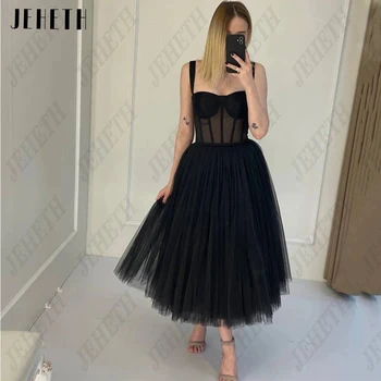 JEHETH/ модерните официални рокли за спагети презрамки, черни вечерни рокли във формата на сърце, Класически празнични рокли трапецовидна форма от тюл