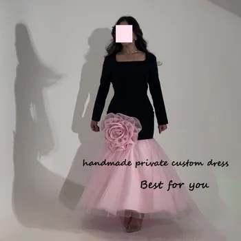 Черно-Розови Вечерни рокли на Русалка С Дълъг ръкав и квадратни деколтета, Гънки цветенце, Дубай, Арабия, рокля за бала с Дължина до пода, вечерни рокли