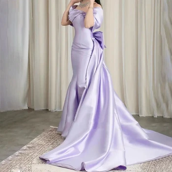 Прости лилаво вечерни рокли в стил Русалка за жени 2023 година с открити рамене с дължина до пода, украсени с лък и мъниста, вечерни рокли за бала
