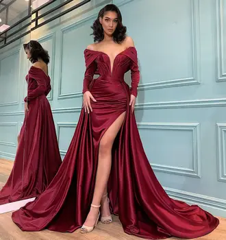Бордо сатен рокли на Русалка за бала с цепка отстрани, вечерни рокли, луксозно секси вечерна рокля с влак