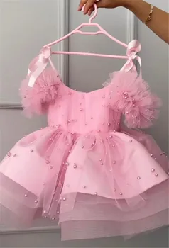 Очарователен розов костюм за момиче на 1-ви рожден ден с перли, Пищната пола, Коледна рокля на Принцеса, рокля за първо Причастие
