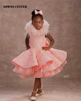 Детски Розови рокли с високо воротом за момичета в цветенце на сватба, детски Африкански къси вечерни рокли за рожден ден за фотосесия с дължина до коляното