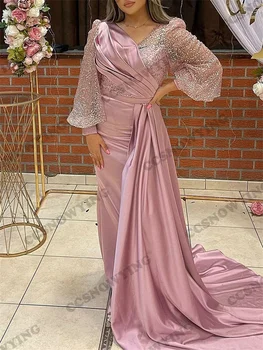 Розови сатенени Вечерни рокли с дълъг прозрачен ръкав и V-образно деколте, Вечерна рокля за Жените, Арабски кафтан, Халат Soiree De