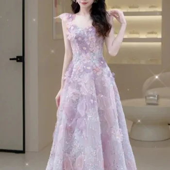 Лилава Вечерна рокля с тънки спагети презрамки изящни ръчно изработени работа с 3D Цветове, Рокля на Принцеса Рожден Ден, Абитуриентски рокли с малка Опашка