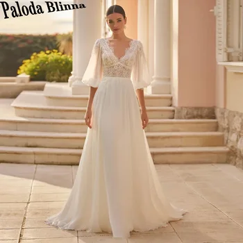 Paloda, Елегантна Сватбена рокля с ръкави-фенерчета, Шифоновое Рокля с V-образно деколте без облегалка, Струята на копчета, Трапециевидная апликация, плисе