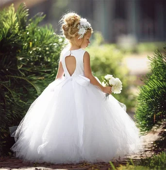 Бяла рокля с Пищни цветя модел от буен от тюл без ръкави за момичета на сватба, Първото Причастие на Принцеса Рожден Ден, Бална рокля за бала