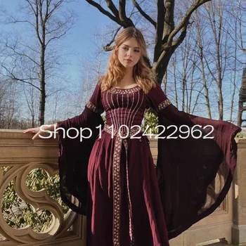 Бордо Кадифе Средновековни облекла рокли за бала с Приказна Дълъг ръкав и златен аппликацией, Историческо elven вечерна рокля