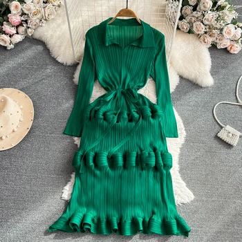 Винтажное плиссированное диференцирани рокля с отложным яка и дълъг ръкав, Красива корейска модерни есен премяна