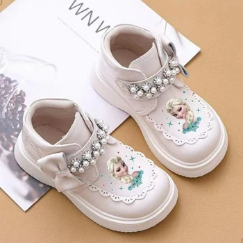 Обувки Принцеса Елза Дисни, Обувки за момичета, Модни ботильоны, детски обувки от изкуствена кожа, черни, бежови обувки, Размер 26-36