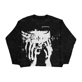 Нова градинска облекло в стил хип-хоп, Вязаный Пуловер, мъжки Пуловер с готическа портрет принтом, есенен пуловер памук в стил Харадзюку, дамски пуловер Оверсайз