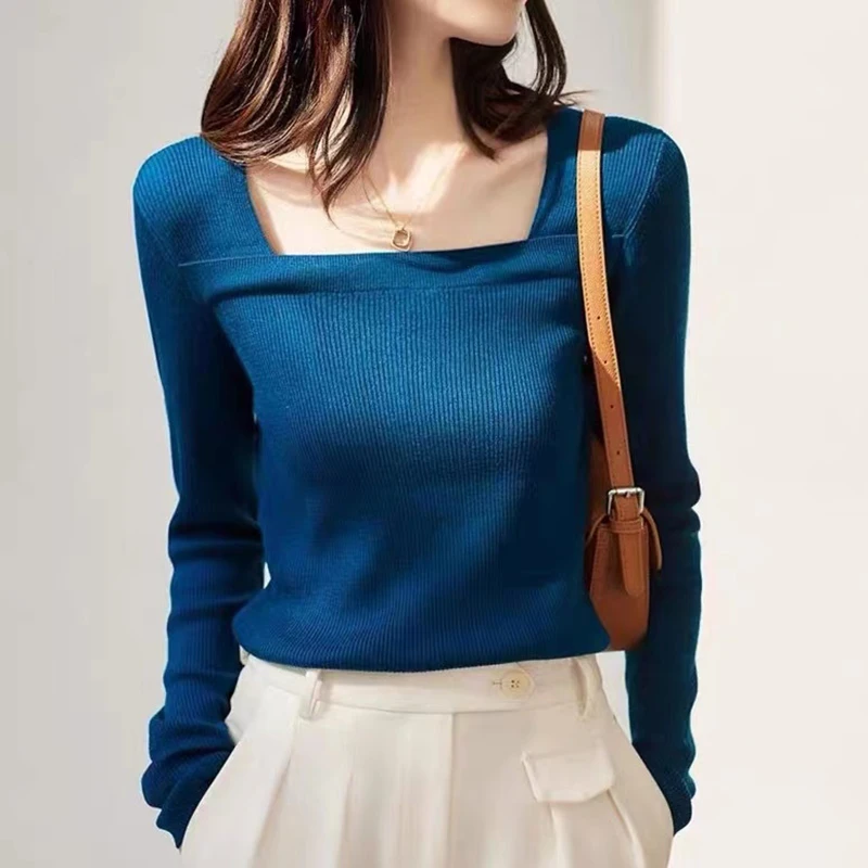 2023 Есента Корейската мода, възли плочи с квадратна яка, Женски Бели Черни основни пуловери, Тънък пуловер с дълъг ръкав, Дамски трикотаж - 0