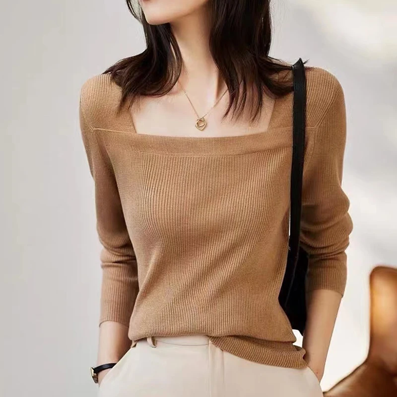 2023 Есента Корейската мода, възли плочи с квадратна яка, Женски Бели Черни основни пуловери, Тънък пуловер с дълъг ръкав, Дамски трикотаж - 1