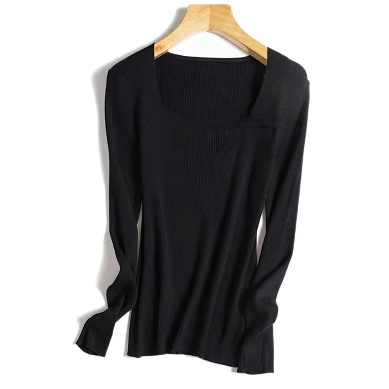 2023 Есента Корейската мода, възли плочи с квадратна яка, Женски Бели Черни основни пуловери, Тънък пуловер с дълъг ръкав, Дамски трикотаж - 5