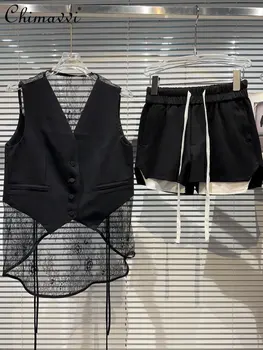 Жена комплект от две части, Черен дантелен костюм, с отстрочкой, Жилетка, 2023, Летни къси Панталони с еластичен колан по ръба на джоба, Комплект дамско облекло