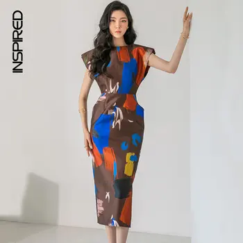 Корейското модно елегантна женствена рокля с принтом, Лято 2023, Луксозни темпераментни рокли Midi в стил Хип-хоп за жени, дебнещ офис рокля