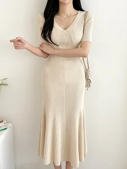 Корейското Луксозно Просто рокля със средна дължина, с V-образно деколте Slim Fit, Дамски Елегантен Пуловер с къс ръкав, Обикновена Плетени Рокли Кайсия/черно/Розово