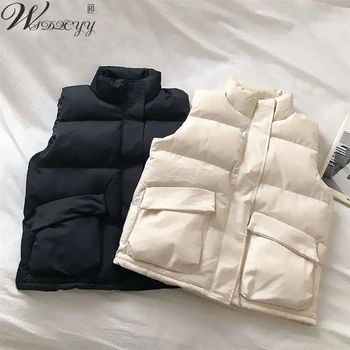 Зимна жилетка, Дамски ежедневни къс яке без ръкави, обикновен памук пуховый жилетка с висока яка, универсално свободно палто голям размер