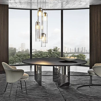 Светъл луксозен модерен маса за хранене в италиански стил, мрамор кръгла маса за хранене и стол, комбинирана плот от закалено стъкло