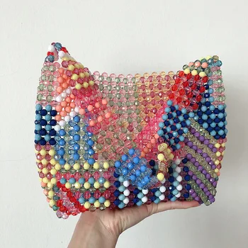 Контрастная цветна акрилна чанта, изработена от мъниста, Ръчно тъкане, колоритен чанта през рамо, Перлена чанта за жени, чанта за парти, портфейл