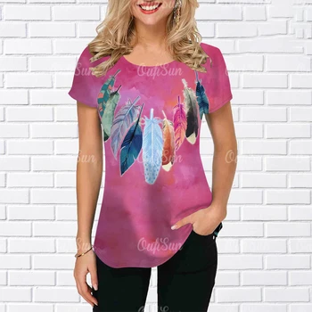 2023 Нова дамска тениска, летни модни блузи с къс ръкав, тениски, Ежедневни градинска облекло, тениски с 3D принтом птичи пера за дамски дрехи