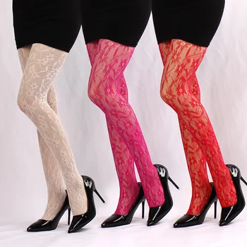 Секси дамски безшевни чорапогащи в окото, плътни найлонови жакард чорапи с цветен модел, ажурни мрежести чорапи носочные изделия, фините секси чорапи червен цвят на фуксия