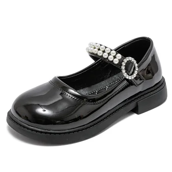 Детски обувки, черни кожени обувки за момичета, Пролет и есен 2023, Нови обувки на принцесата, черни обувки за начално училище