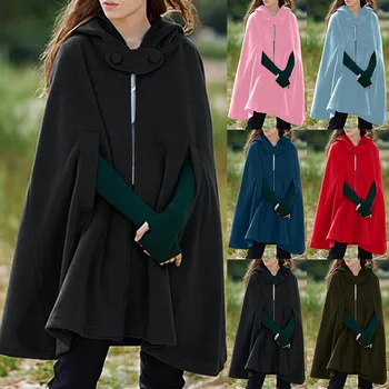 Зимно модно дамско палто с качулка, ретро дъждобран, наметало, Средновековни костюми, пончо, Свободно шал, Вълнени палта, Флисовое палто Chaquetas