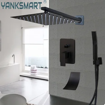 YANKSMART черен мат комплект за душ за баня, стенен смесител за топла и студена вода с три изхода, квадратен смесител за душ с дъждовна дюза