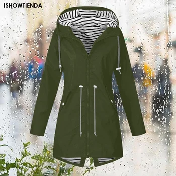 Women Solid Stripe Rain Jacket Outdoor Plus Waterproof Hooded Raincoat Windproof Якета, Есенни Женски Chaqueta Mujer Палто