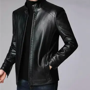 Мъжко яке от изкуствена кожа, мъжко палто с цип, Стилни защитни мъжки мотоциклетни якета от изкуствена кожа за хладните есенни и зимни дебели
