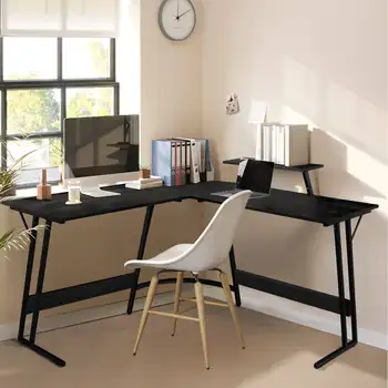 Бюро за домашния офис Lacoo, модерен компютърен маса L-образна форма, черен
