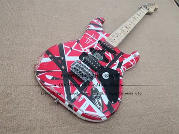 Корпус електрически китари червен цвят, черна ивица, хастар от потертого клен, Тремоло-бридж, Винтови лешояд, хромирани тунери